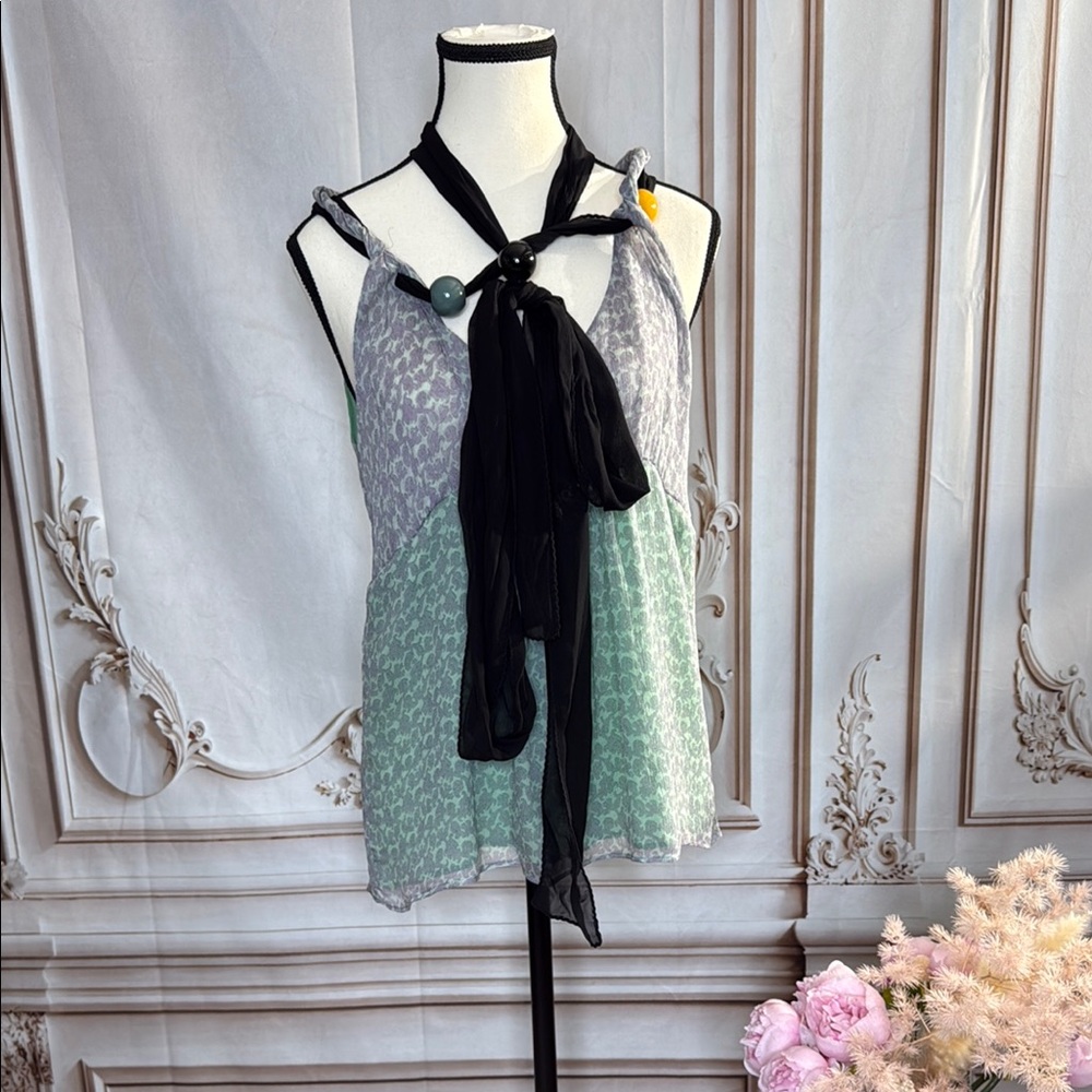 ETRO- Black and Green Asymmetrical Tie Front Camisole